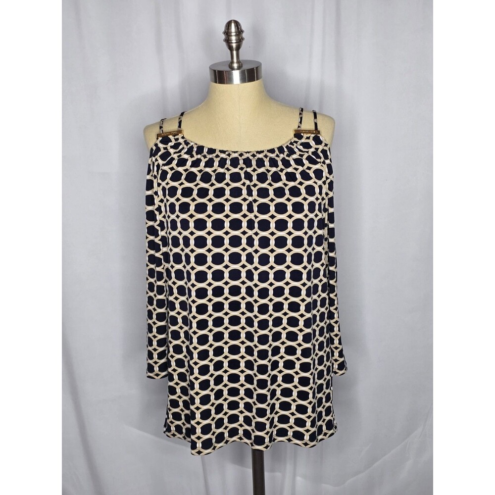 Michael Kors Women's M Black & Tan Geometric Cold Shoulder Top Logo Stretch